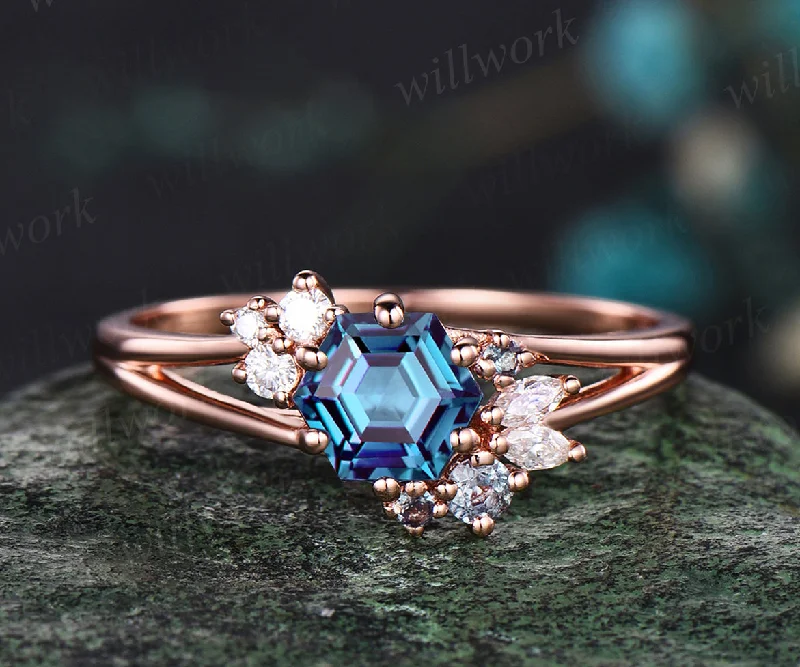 Unique Hexagon Cut Alexandrite Engagement Ring June Birthstone Alexandrite Moissante Diamond Main Ring Bridal Promise Gift For Women