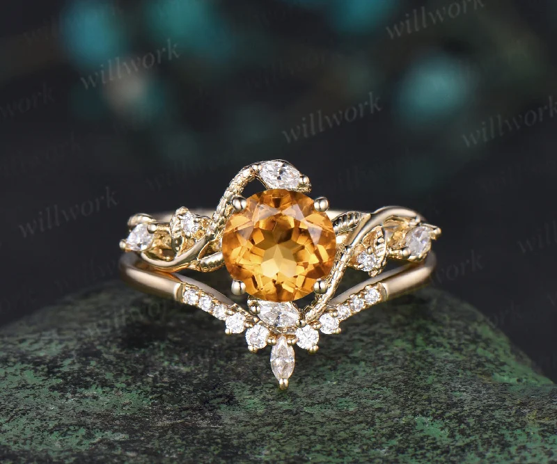 Round cut citrine ring vintage yellow gold leaf Snake unique engagement ring twisted diamond bridal wedding ring women