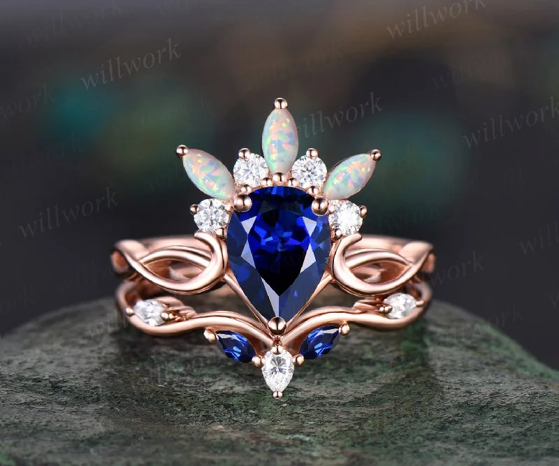 Vintage pear shaped blue sapphire engagement ring set art deco rose gold ring crown cluster opal ring women unique moissanite wedding ring