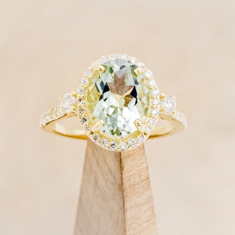 "KB" - OVAL PRASIOLITE GREEN QUARTZ ENGAGEMENT RING WITH DIAMOND HALO & ACCENTS