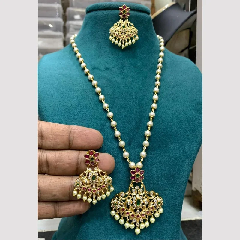 Sona Creation Gold Plated Pota Stone And Pearls Temple Necklace Set