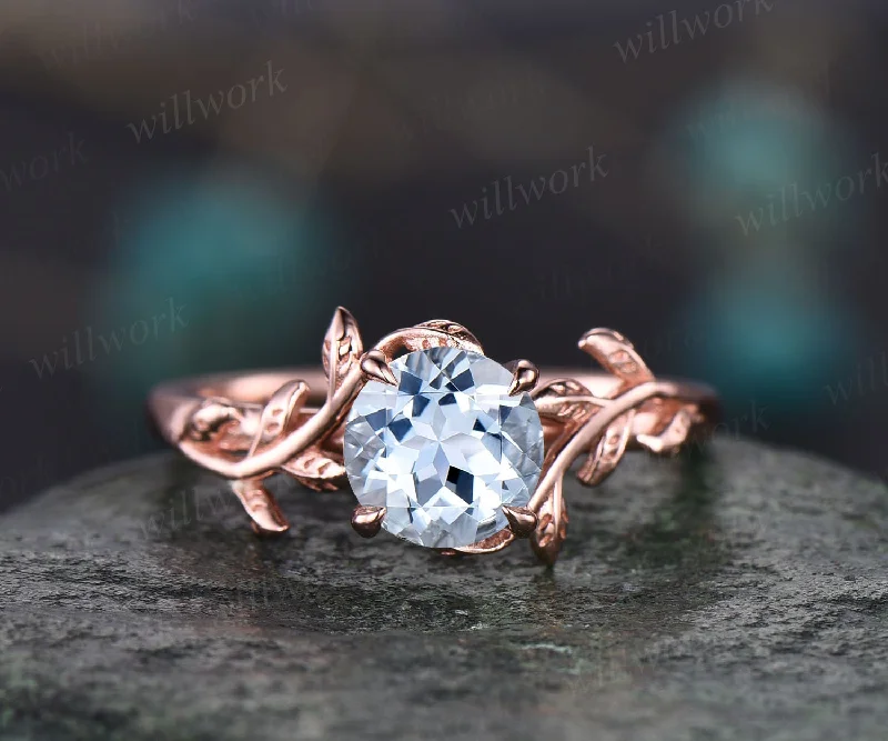 Vintage aquamarine ring for women unique round aquamarine engagement ring leaf flower rose gold solitaire ring antique dainty wedding ring