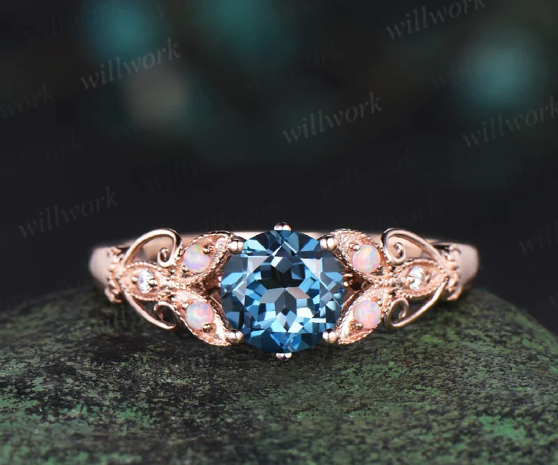 Round cut London blue topaz engagement ring vintage butterfly opal ring women 14k rose gold Milgrain diamond promise anniversary gift