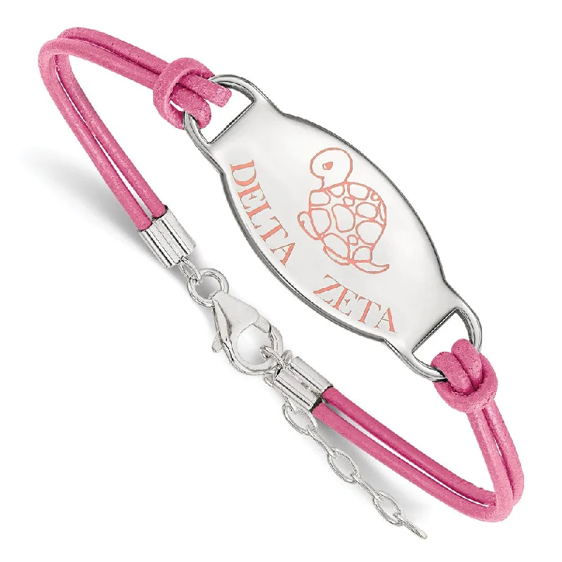 Sterling Silver Delta Zeta Enamel Pink Leather Bracelet - 7 in.