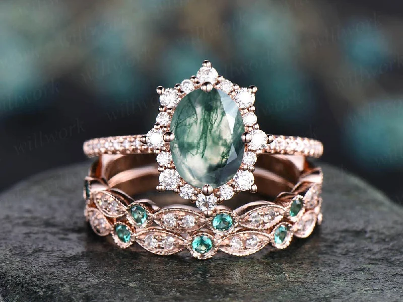 Oval vintage moss agate engagement ring set natural emerald ring set art deco diamond ring rose gold emerald bridal set rings dainty jewelry