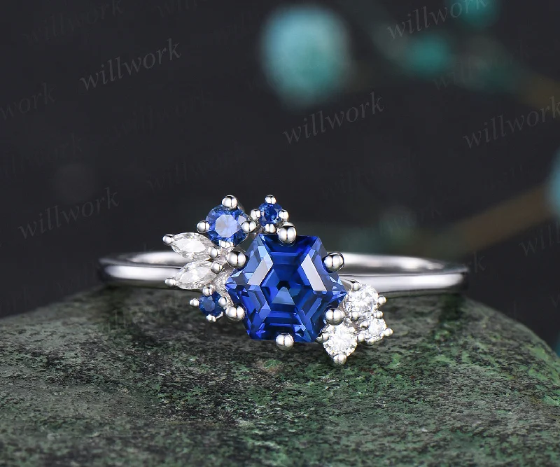 READY TO SHIP: Hexagon Blue Sapphire Engagement Ring - Sterling Silver - Ring Size: 5.25 US