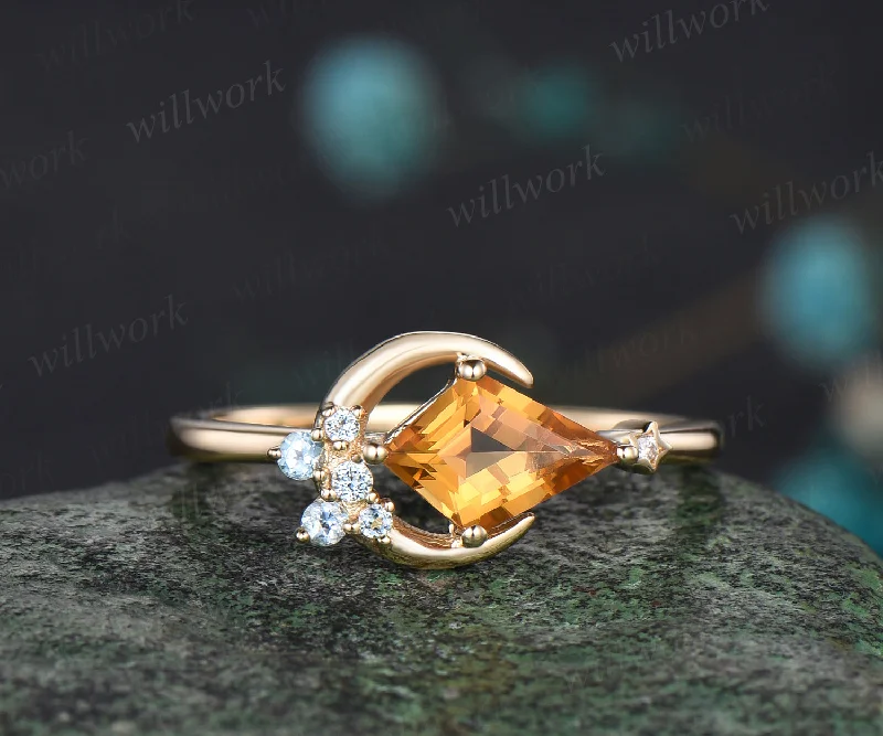 Delicate Kite Cut November Birthstone Natural Citrine Engagement Ring Blue Topaz Cluster Star Moon Wedding Ring Seven Stone Bridal Jewelry Gift