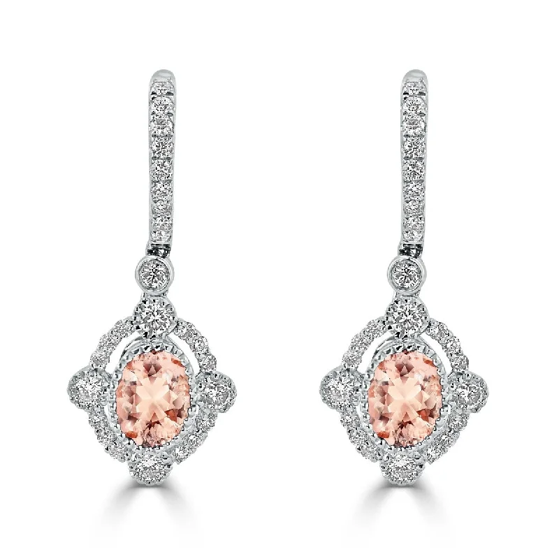 Auriya 1 1/4ct Fancy Oval-cut Morganite Halo Diamond Dangle Earrings 7/8ctw 18k Gold