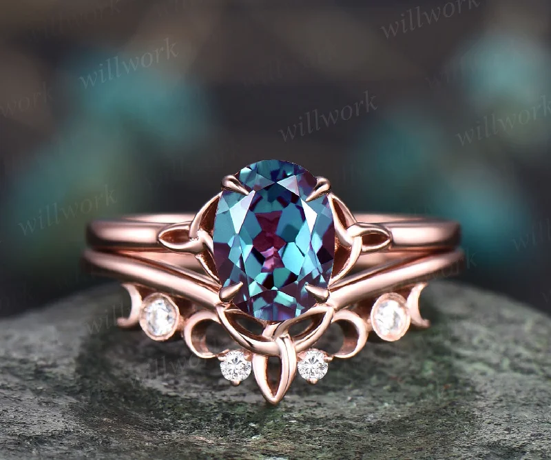 Oval cut alexandrite engagement ring set vintage solitaire alexandrite ring rose gold silver for women unique wedding anniversary ring set