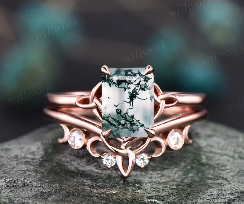 Unique moss agate ring set for women Emerald cut moss agate engagement ring set rose gold vintage Solitaire ring Norse Viking ring Jewelry