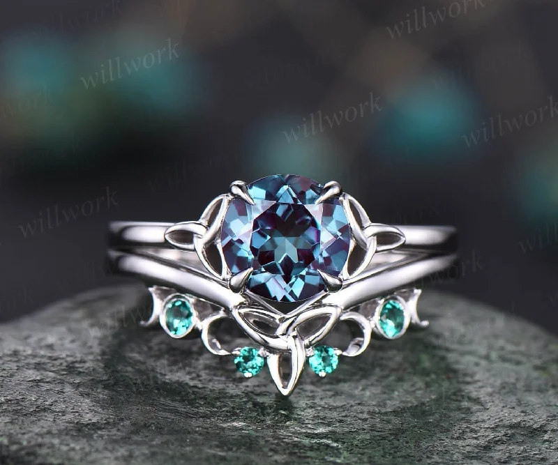 Round cut Alexandrite ring white gold silver vintage unique solitaire engagement ring set moon Norse Viking emerald ring for women jewelry