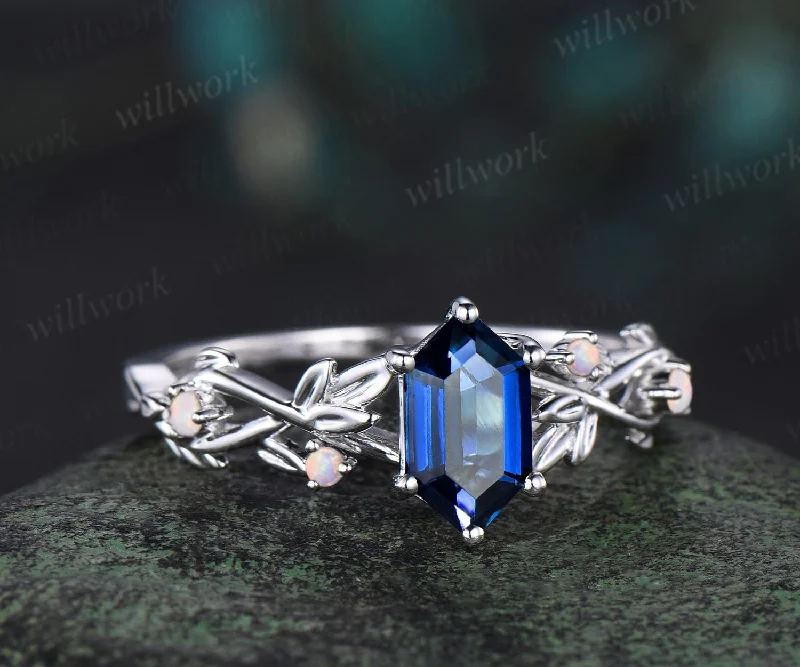 Long hexagon cut blue sapphire engagement ring 14k white gold twig leaf opal ring women September birthstone ring anniversary gift for her