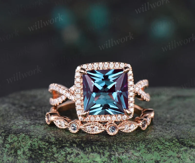 Princess cut Alexandrite engagement ring set cushion halo infinity half eternity diamond wedding bridal ring set women 14k rose gold jewelry