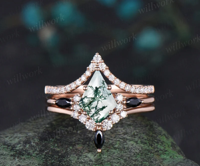 Kite cut moss agate engagement ring rose gold stacking moissanite black spinel wedding bridal ring set women