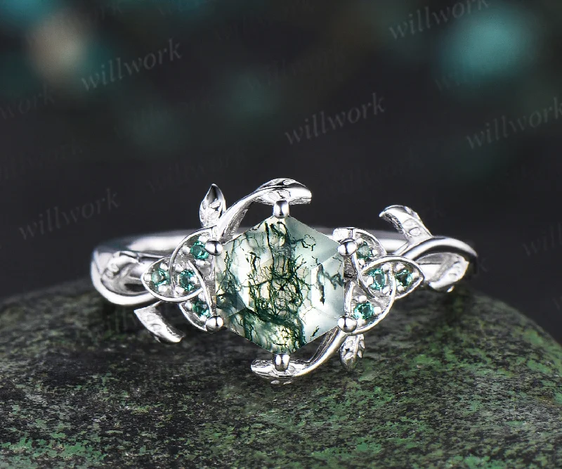 Hexagon cut Natural moss agate Celtic knot engagement ring white gold emerald leaf ring women anniversary gifts