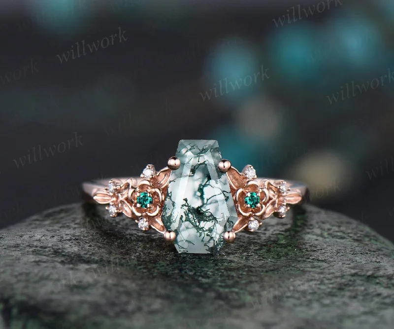 Vintage coffin cut green moss agate engagement ring rose gold twig leaf floral antique unique cluster diamond wedding ring set women gift