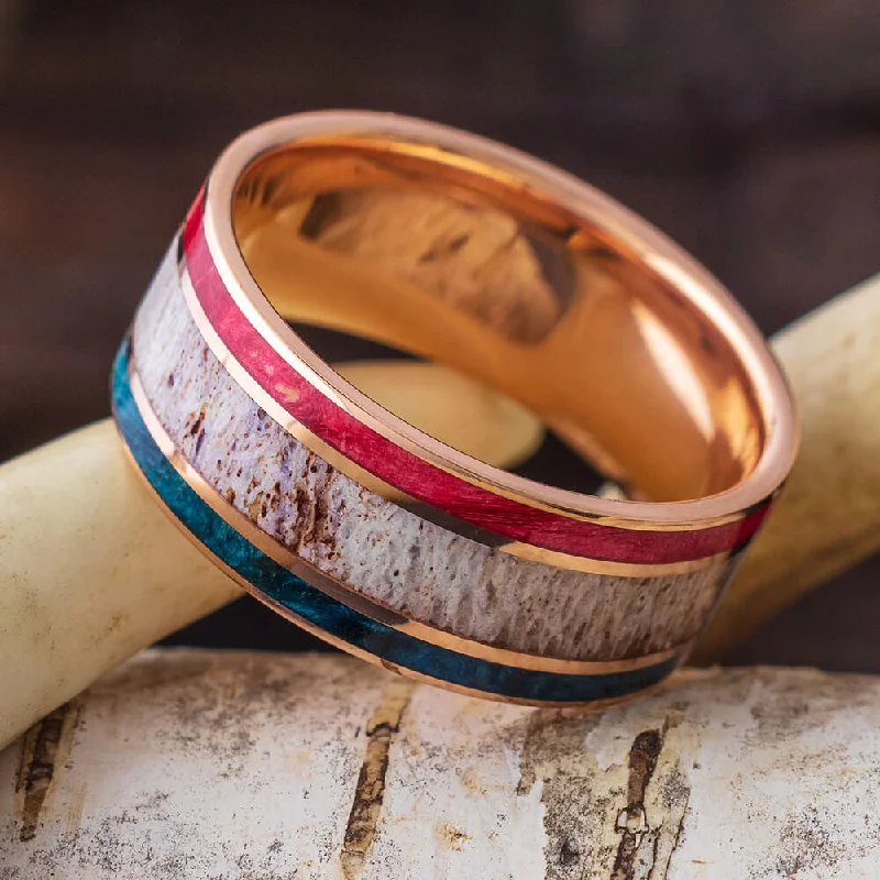 Red & Blue Box Elder Wood Wedding Band with Deer Antler