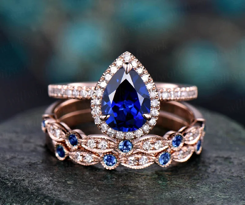 Blue sapphire engagement ring set rose gold 3pc sapphire wedding ring band vintage diamond halo ring unique marquise women bridal ring set