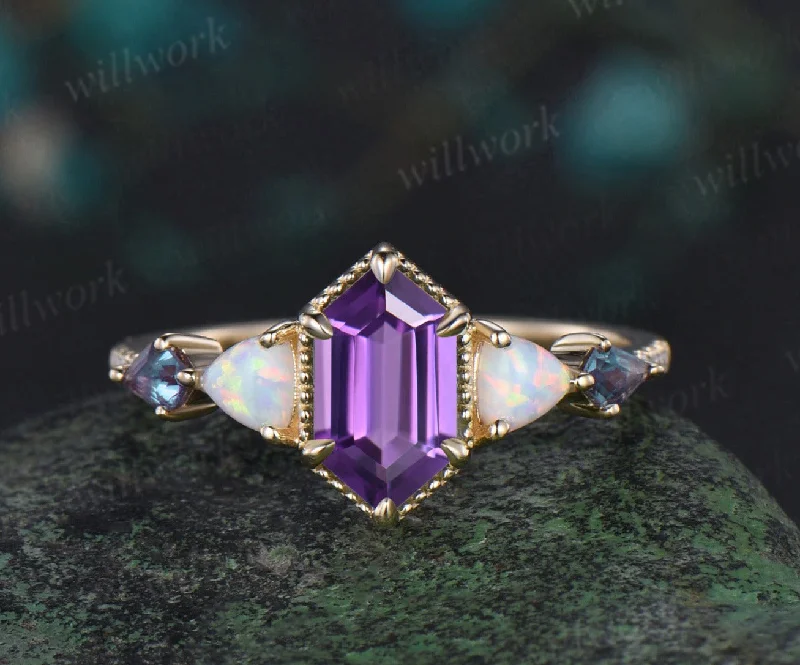 Vintage long Hexagon cut amethyst engagement ring yellow gold Trillion opal kite alexandrite wedding anniversary ring women gift