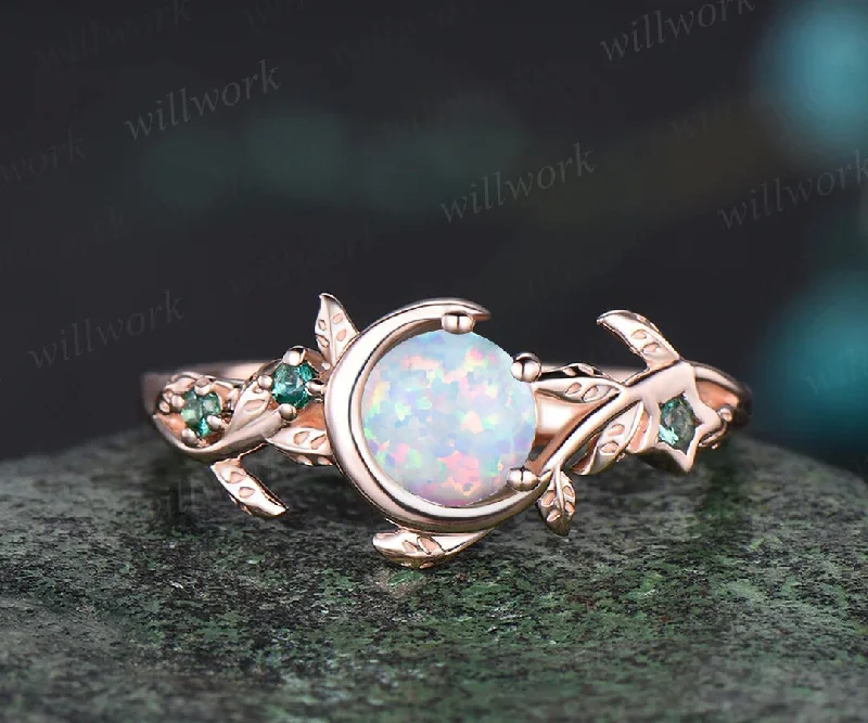 Art Deco Round Cut white Opal Bridal Ring Unique Emerald Leaf Moon Star Nature Inspired Engagement Ring 14k Rose Gold Promise Gift