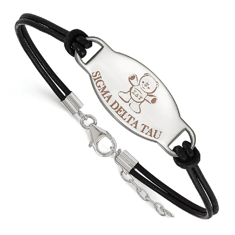 Sterling Silver Sigma Delta Tau Enamel Black Leather Bracelet - 7 in.