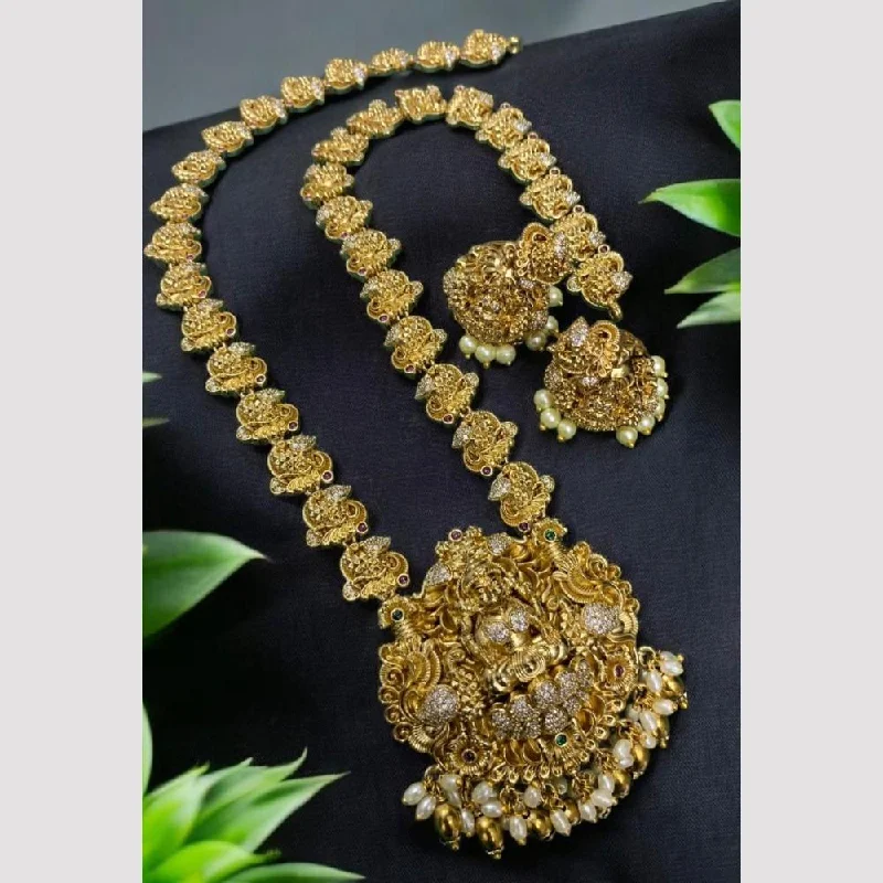 Sona Creation Gold Plated Austrian Stone And Pearls Temple Long Necklace Set