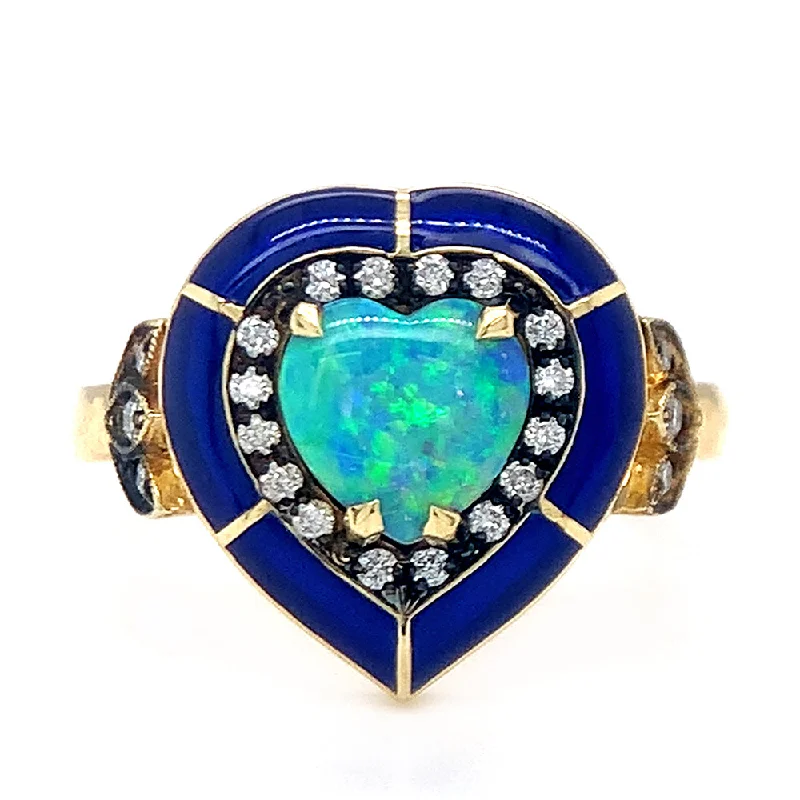 Heart-Shaped Opal, Diamond, & Enamel Ring - "Eternal Flame"