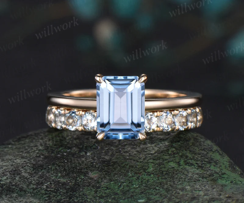 Emerald cut natural aquamarine engagement ring 14k yellow gold under halo diamond ring women wedding band