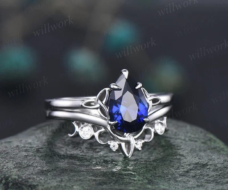 Pear shaped sapphire engagement ring set white gold solitaire unique vintage engagement ring moissanite ring women norse viking ring jewelry