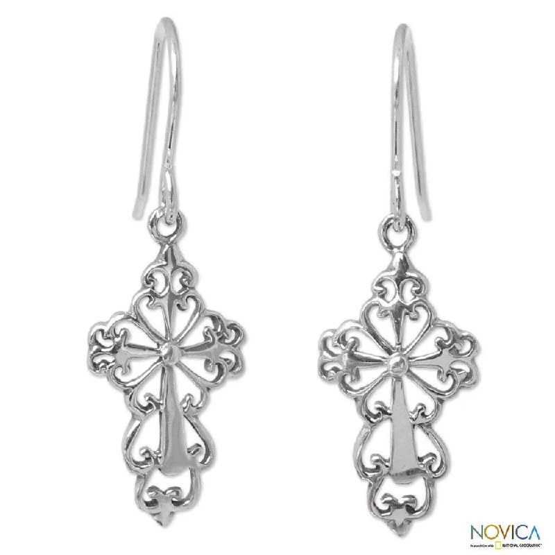 Handmade Sterling Silver 'Ornate Cross' Earrings (Thailand)