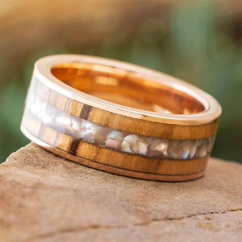 Olive Wood and Pearl Wedding Band in Rose Gold