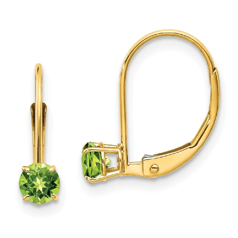 14k Yellow Gold Round August Peridot Dangle Earrings w/ Leverback (L-13 mm, W-4 mm)