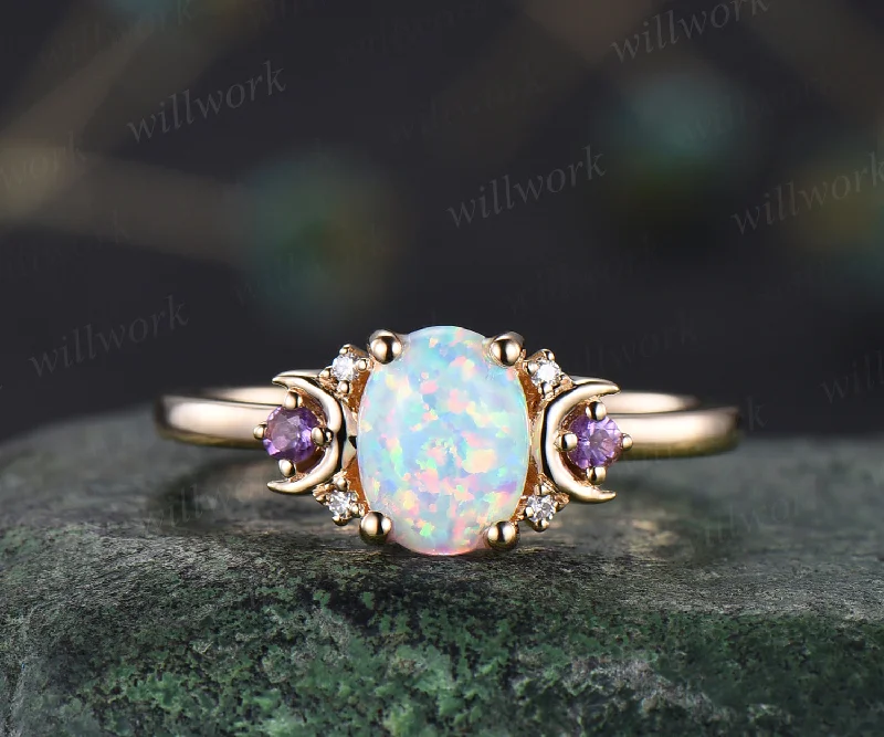 Oval white opal engagement ring retro moon amethyst moissanite deco ring 14k yellow gold unique crescent promise ring October birthstone jewelry gifts