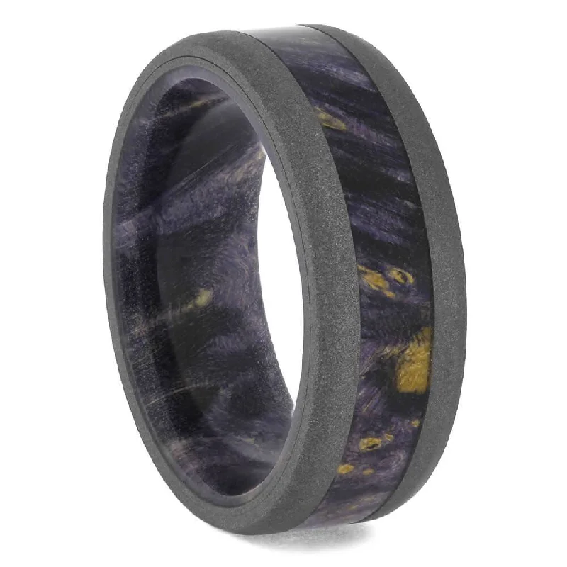 Purple Burl Wood Ring In Sandblasted Titanium