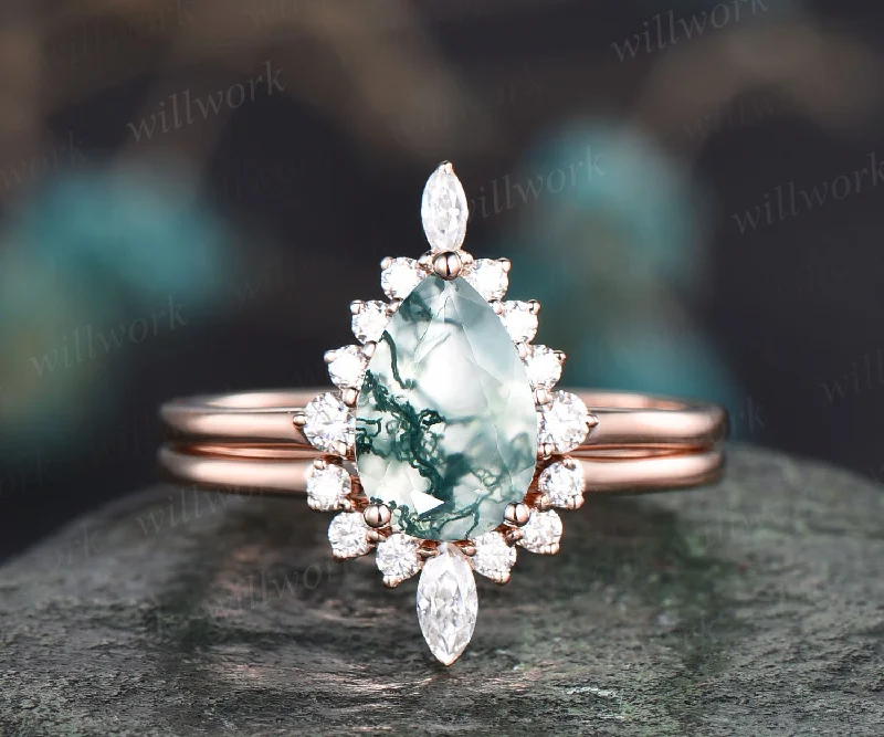 Unique wedding ring set vintage Pear shaped green moss agate engagement ring set rose gold art deco ring halo marquise cut moissanite ring