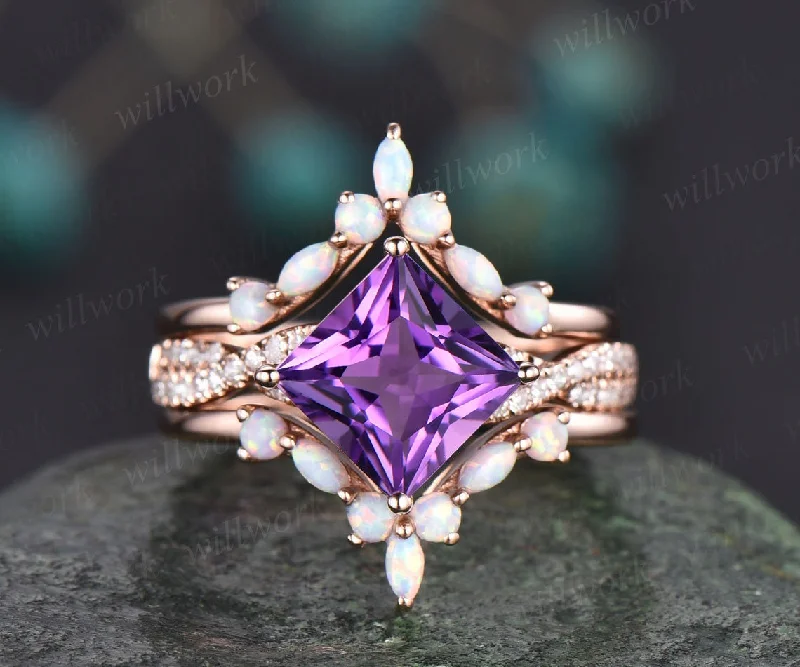 Princess cut purple amethyst ring vintage amethyst  engagement ring set solid 14k rose gold opal twisted moissanite wedding ring set women