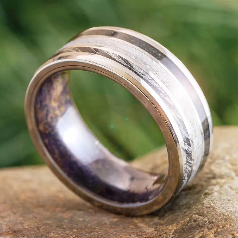 Meteorite, Jade, and Mokume Wedding Band with Wood Sleeve