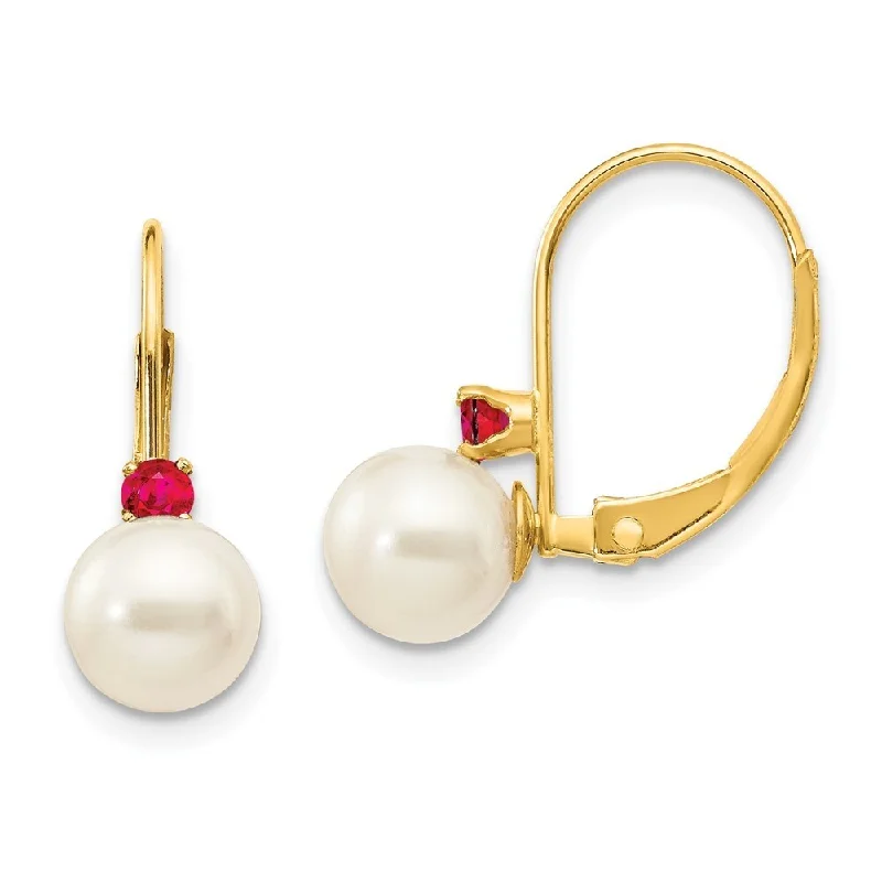 14k Yellow Gold 6-6.5mm White Pearl & .10ct. Ruby Drop Earrings (L-15 mm, W-6 mm)