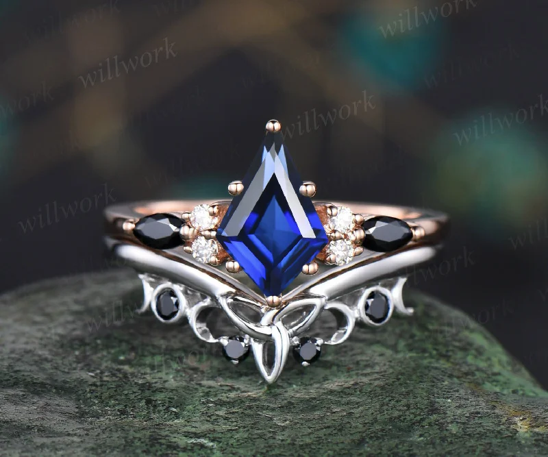 Kite Cut September Birthstone Blue Sapphire Engagement Ring Set Unique Black Spinel Moissanite Celtic Knot 2pcs Bridal Ring Set