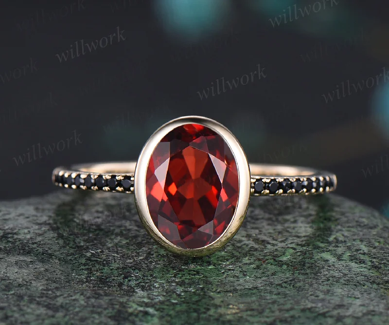 Oval Cut Red Ruby Engagement Ring Unique Black Spinel Diamond Half Eternity Ring Bezel Set Promise Ring