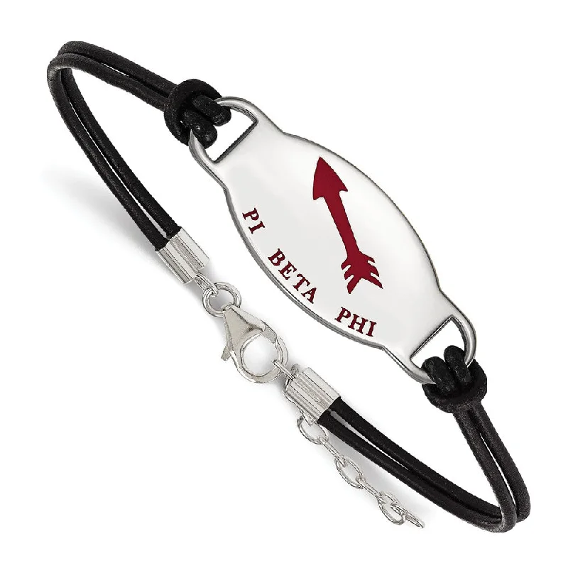 Sterling Silver Pi Beta Phi Enamel Black Leather Bracelet - 7 in.