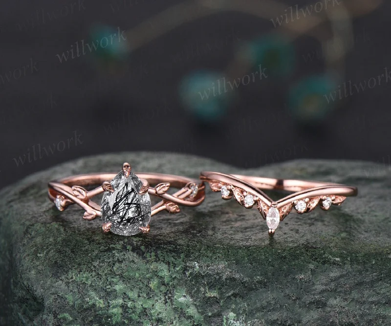 Vintage pear black rutilated quartz engagement ring rose gold twig leaf nature inspired unique diamond bridal wedding ring set women gift