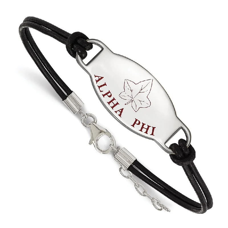 Sterling Silver Alpha Phi Enamel Black Leather Bracelet - 7 in.