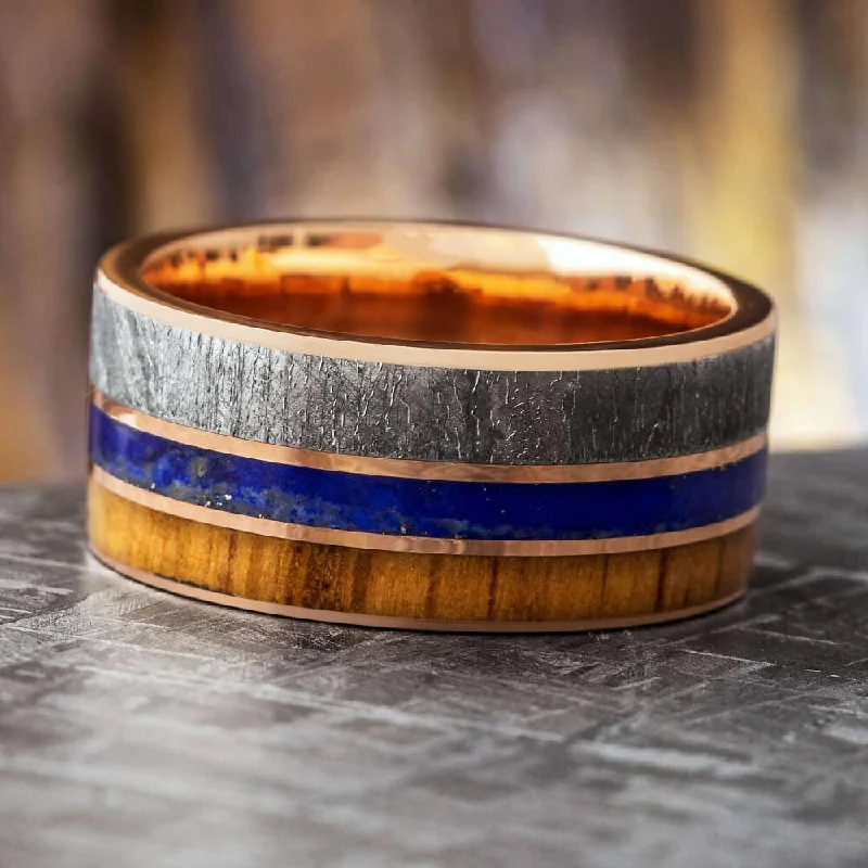 Men's Meteorite Wedding Band with Lapis Lazuli and Oak