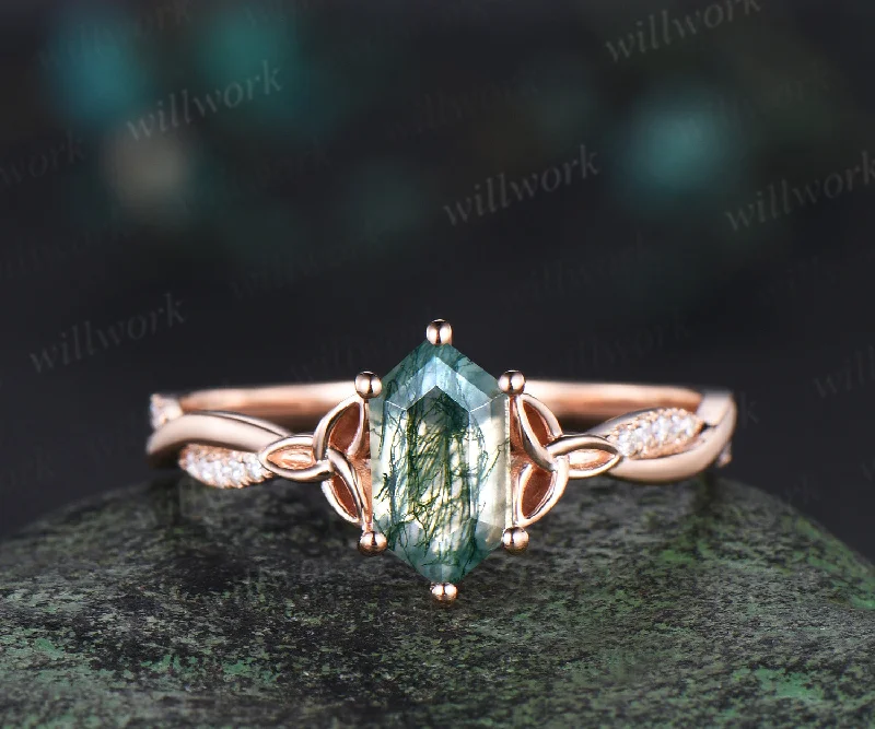 Long hexagon cut moss agate engagement ring 14k rose gold eternity Celtic knot diamond wedding ring women