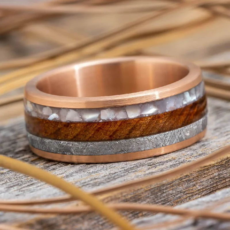 Redwood and Rose Gold Wedding Band with Meteorite and Pearl