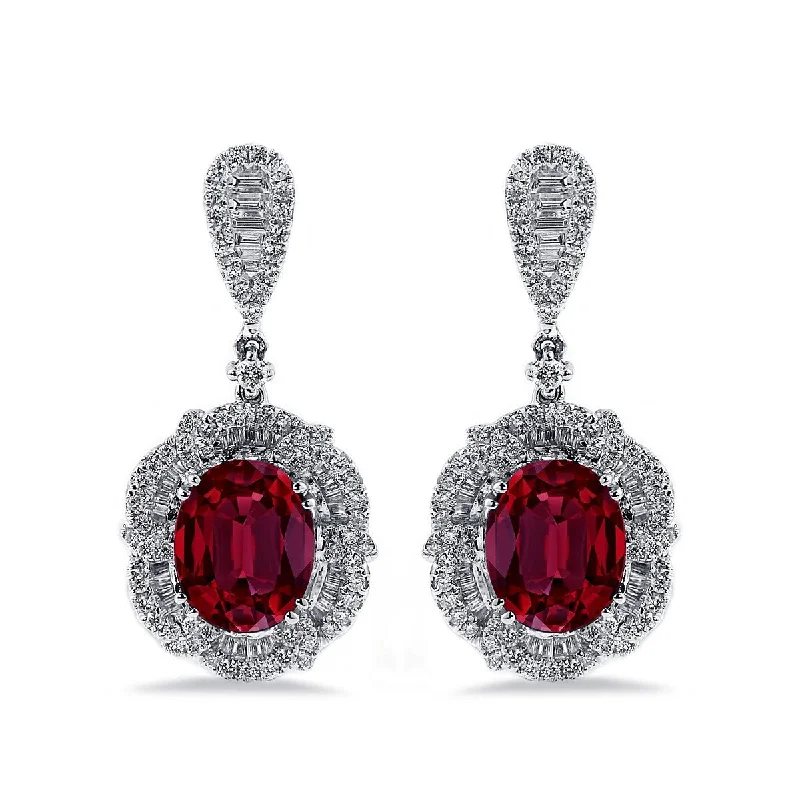 Auriya 5 3/4ct Fancy Oval-cut Red Ruby Halo Diamond Drop Earrings 2 1/8ctw 18k Gold