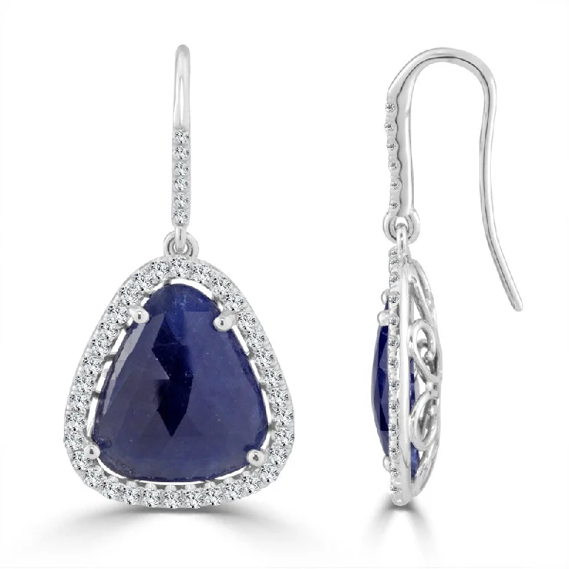 Auriya Fancy Shaped 15ct Blue Sapphire and 1 1/5ctw Halo Diamond Drop Earrings 14k White Gold