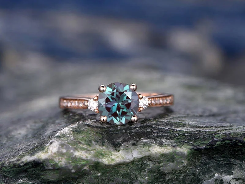 Three stone engagement ring Alexandrite engagement ring rose gold real diamond ring vintage June birthstone ring wedding anniversary ring