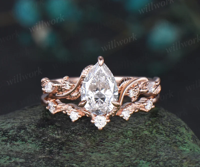 Pear shaped Lab grown diamond engagement ring set rose gold branch leaf ring set antique promise wedding ring set women